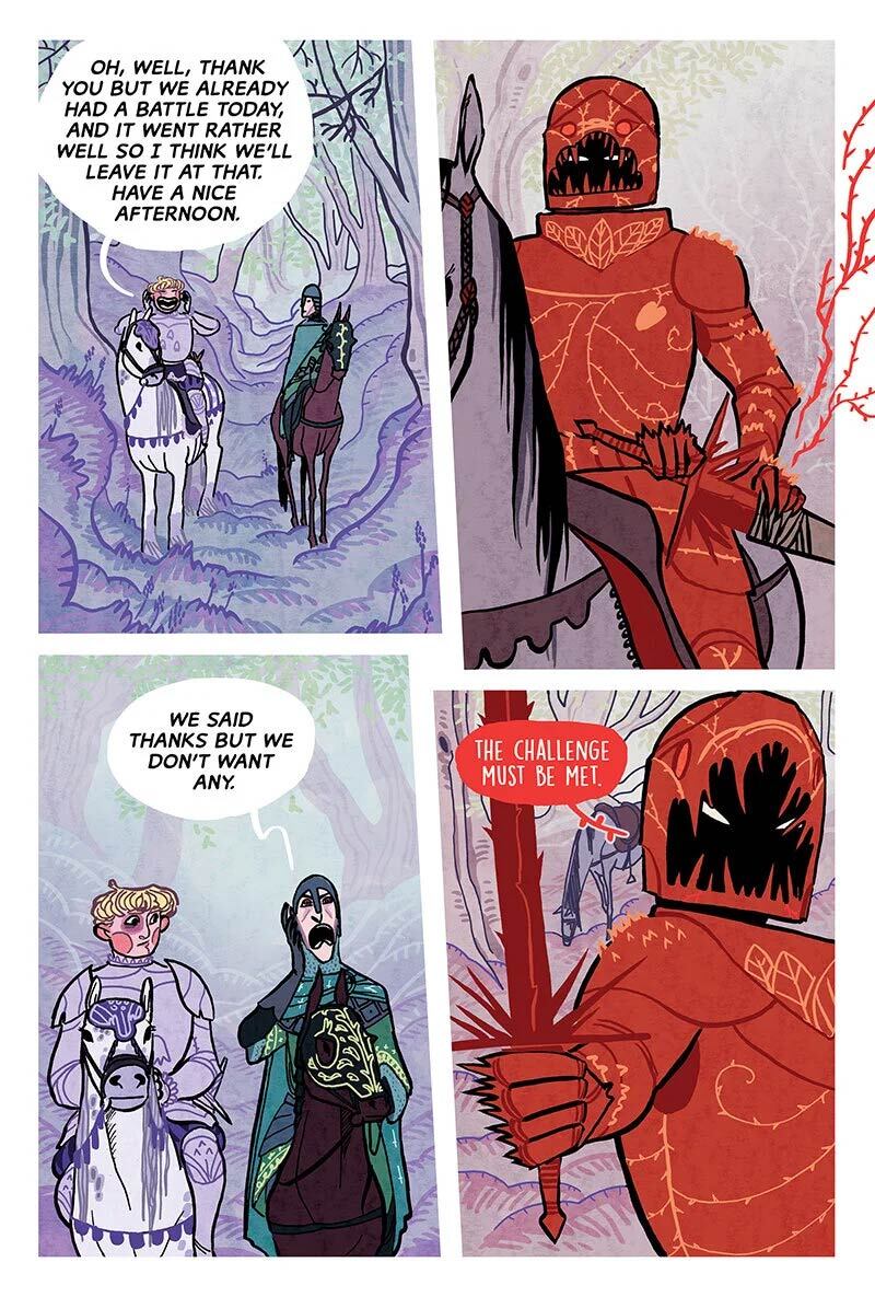 Four-panel comic page showing characters in medieval fantasy setting. Red armoured figure dominates right panels, blonde and dark-haired figures appear in left panels with dialogue bubbles.