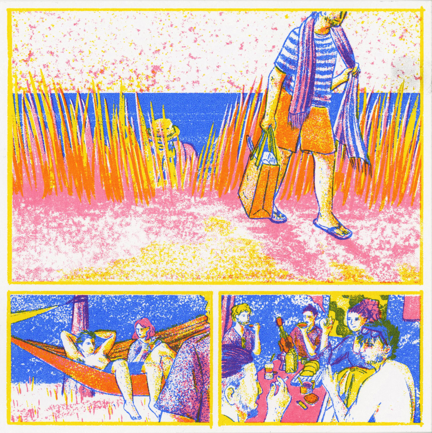 Illustrated comic page of characters at the beach, walking through orange grass, sitting in a hammock and eating, blue ocean background.