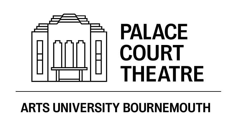 White banner logo with black text reading "Palace Court Theatre Arts University Bournemouth" next to and underneath a line illustration of the outside of the Palace Court Theatre, Bournemouth.