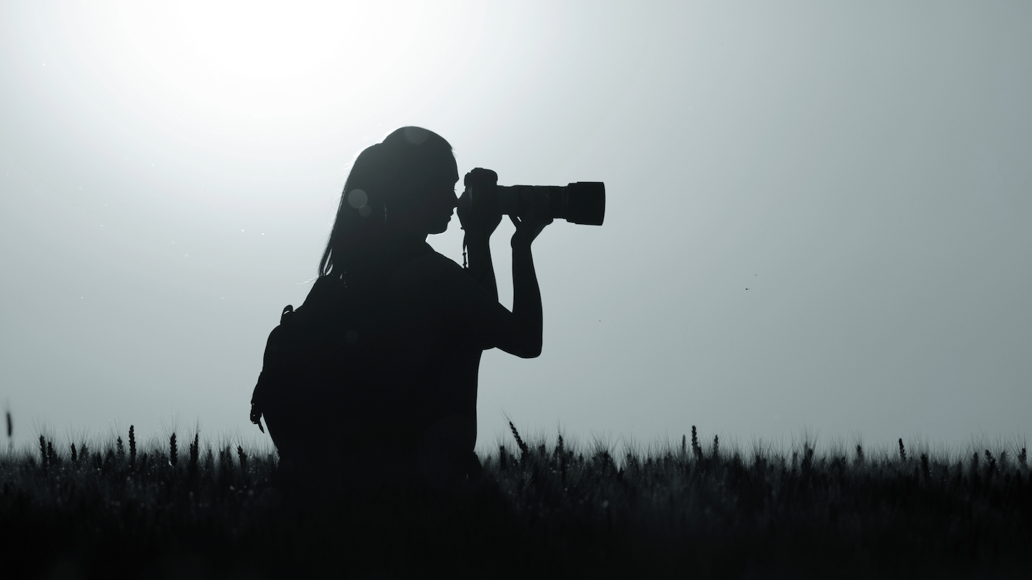 Silhouette of person kneeling with camera against grey sky, grass visible along bottom edge