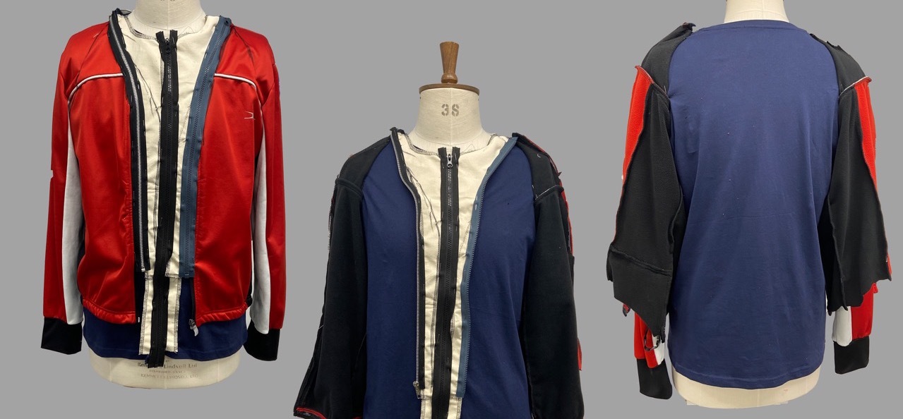 A series of red and blue modular jackets by Alex Matheson on a grey background