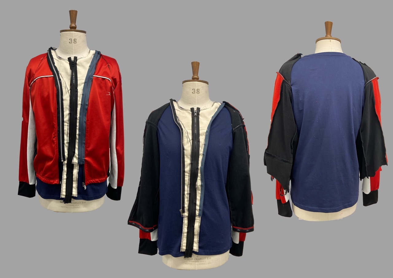 Alex's modular jacket as a physical prototype, blue and red