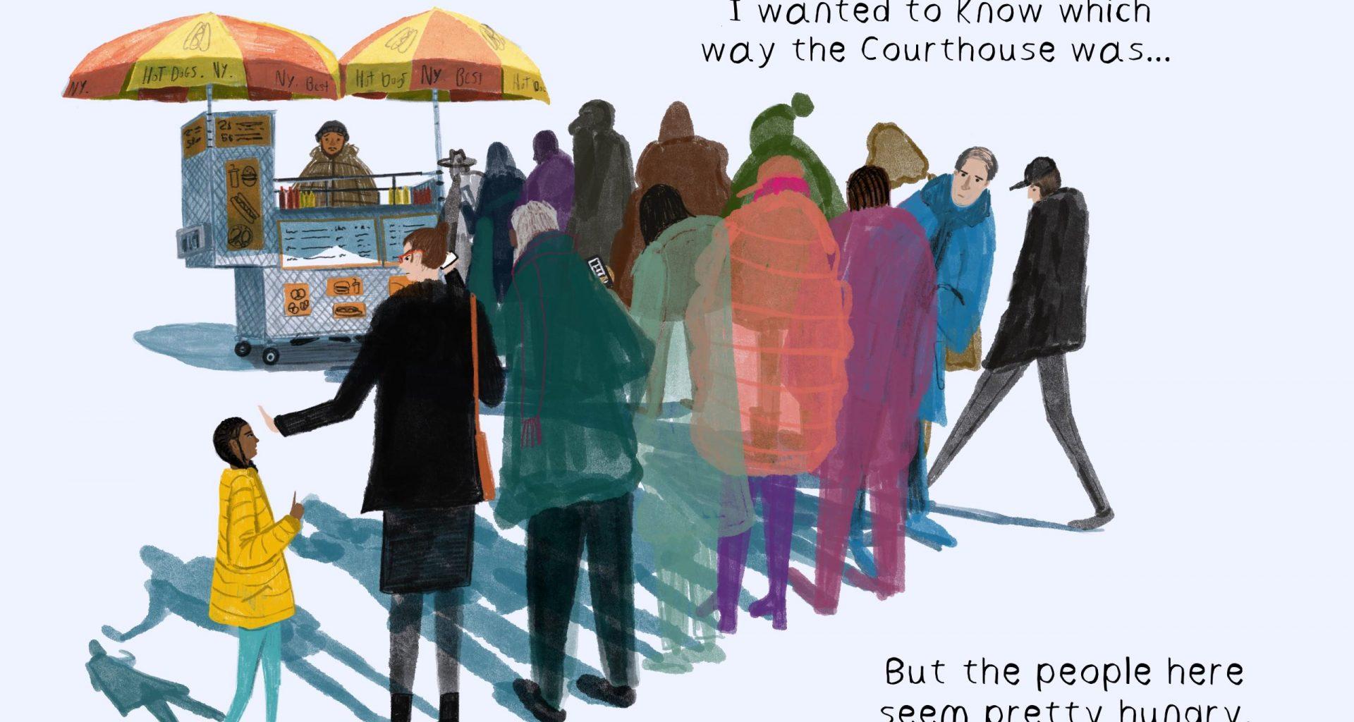 Illustration of people queuing in front of a food stall. Two lines of text appear at the top-right and two more lines are at the bottom-right.