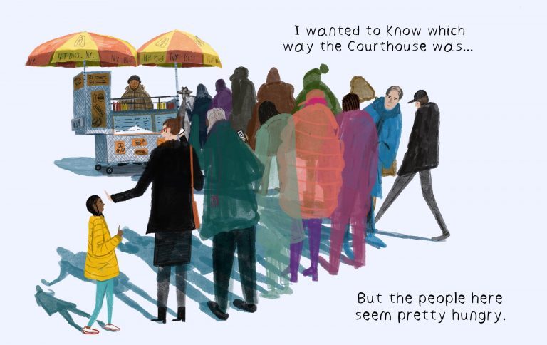 Illustration of people queuing in front of a food stall. Two lines of text appear at the top-right and two more lines are at the bottom-right.