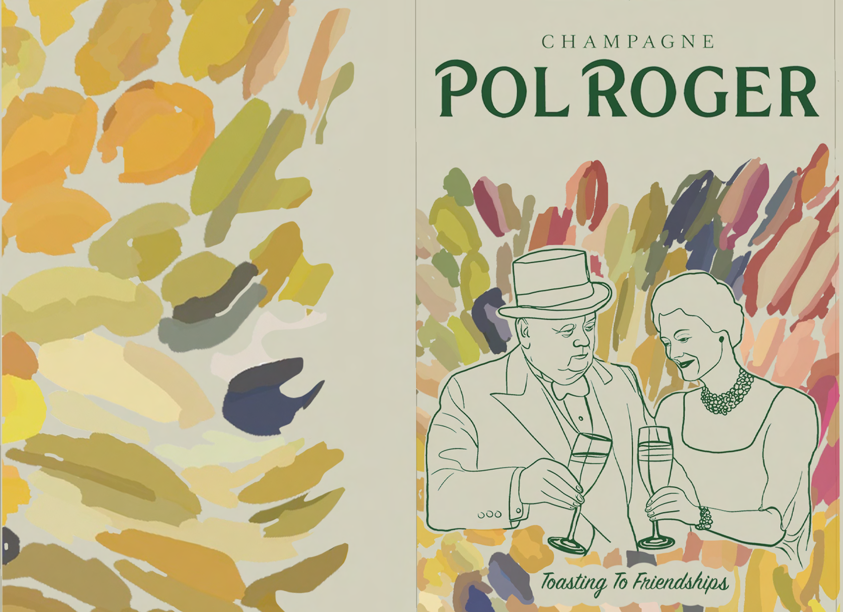Part of a packaging design for Champagne Pol Roger, with sketches of Winston Churchill and Odette Pol-Roger holding champagne flutes, surrounded by colourful brushstrokes.
