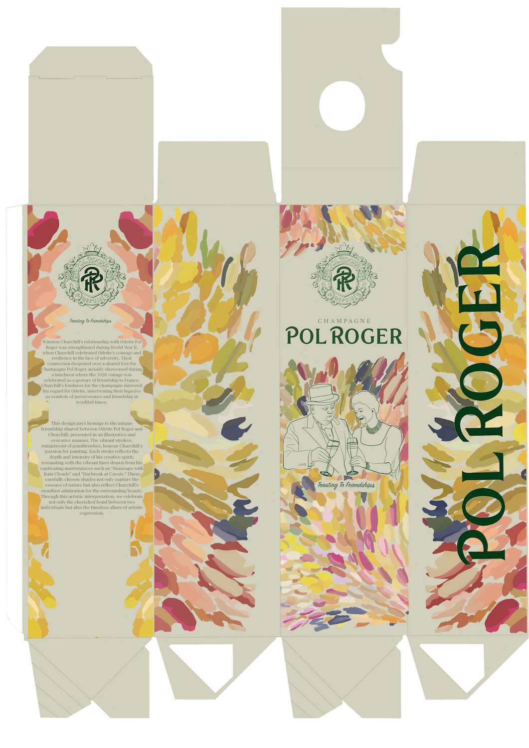 Packaging design for champagne, Pol Roger, floral patterns, white background.