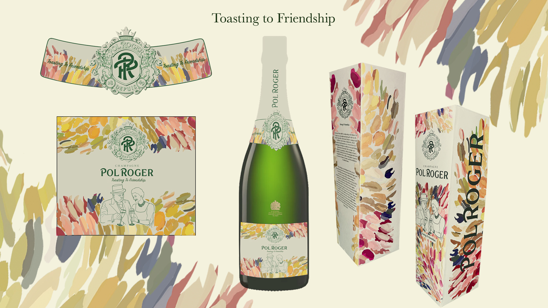 Packaging design and mock up for champagne called Pol Roger, text reads 'Toasting to Friendship', floral patterns, cream coloured background.