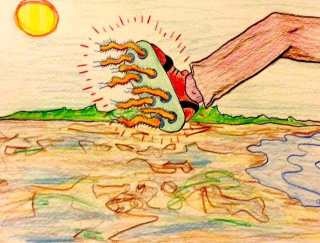 A leg raised in the air with a red show on the foot, with eight orange worm-like creatures coming out of the sole