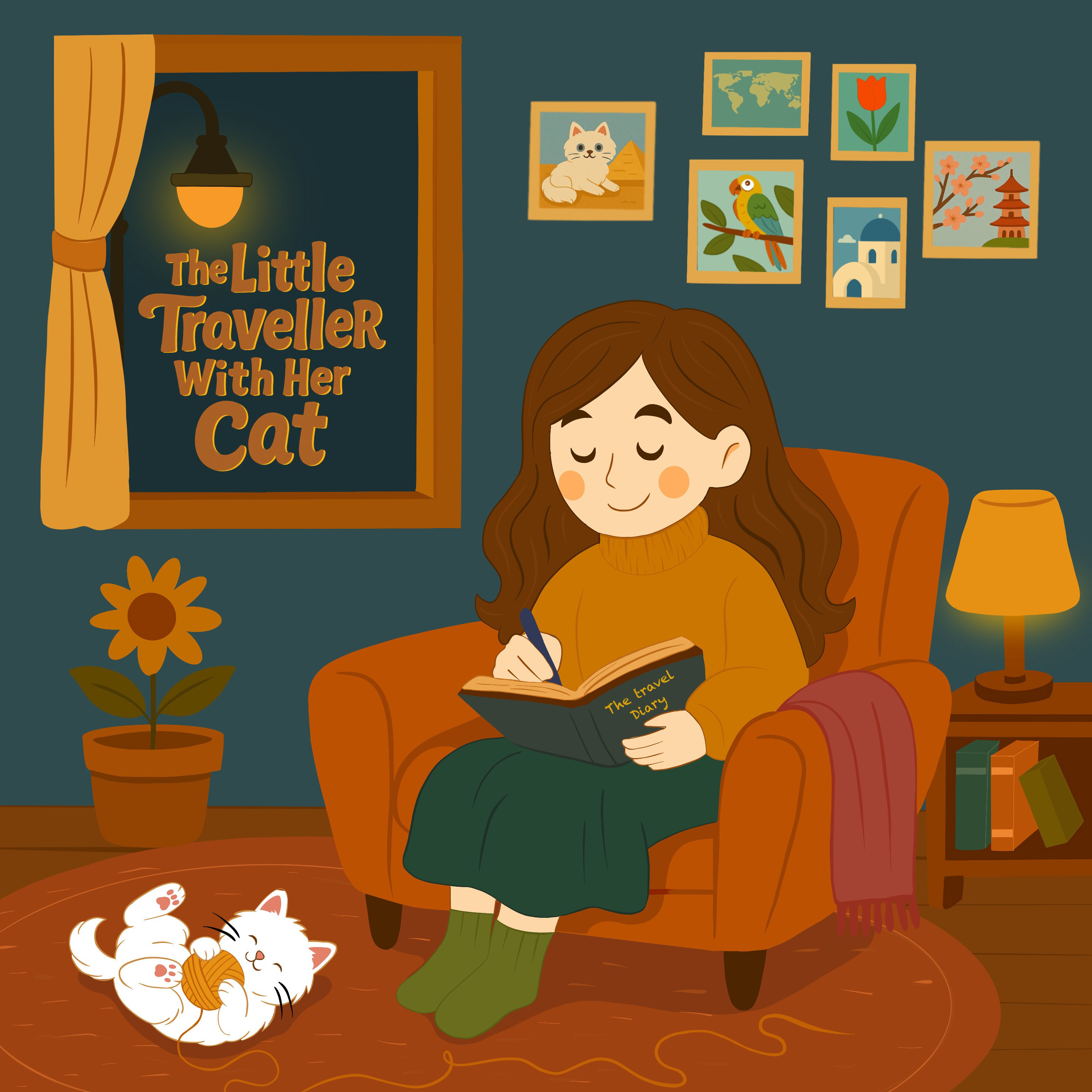 Illustration of person in mustard jumper reading in orange armchair with white cat on floor. Blue-green walls with framed pictures and window showing orange text.