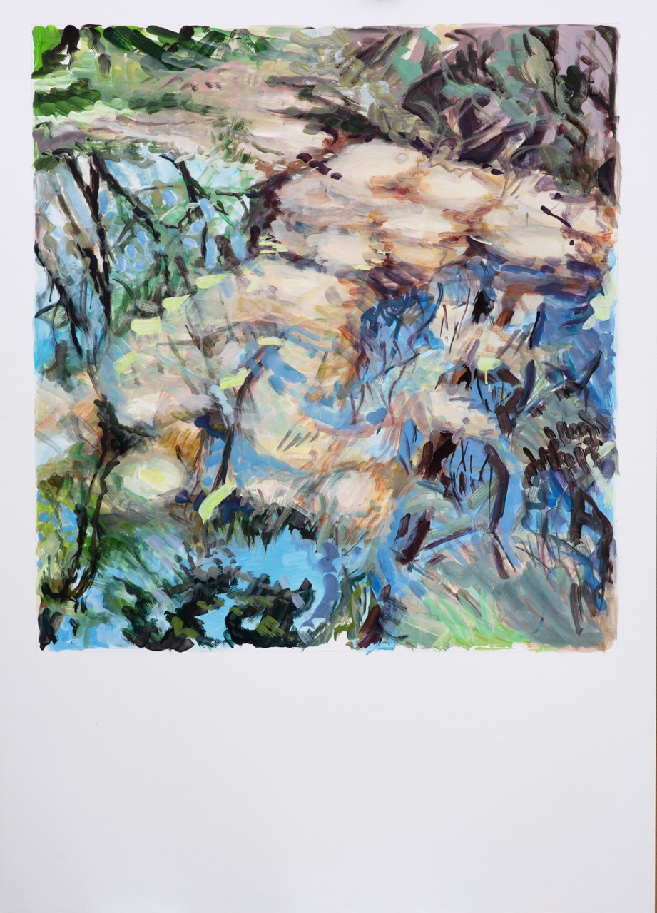 An abstract painting with blue, green and beige brushstrokes on a white background, featuring dark branching lines and layered organic shapes.