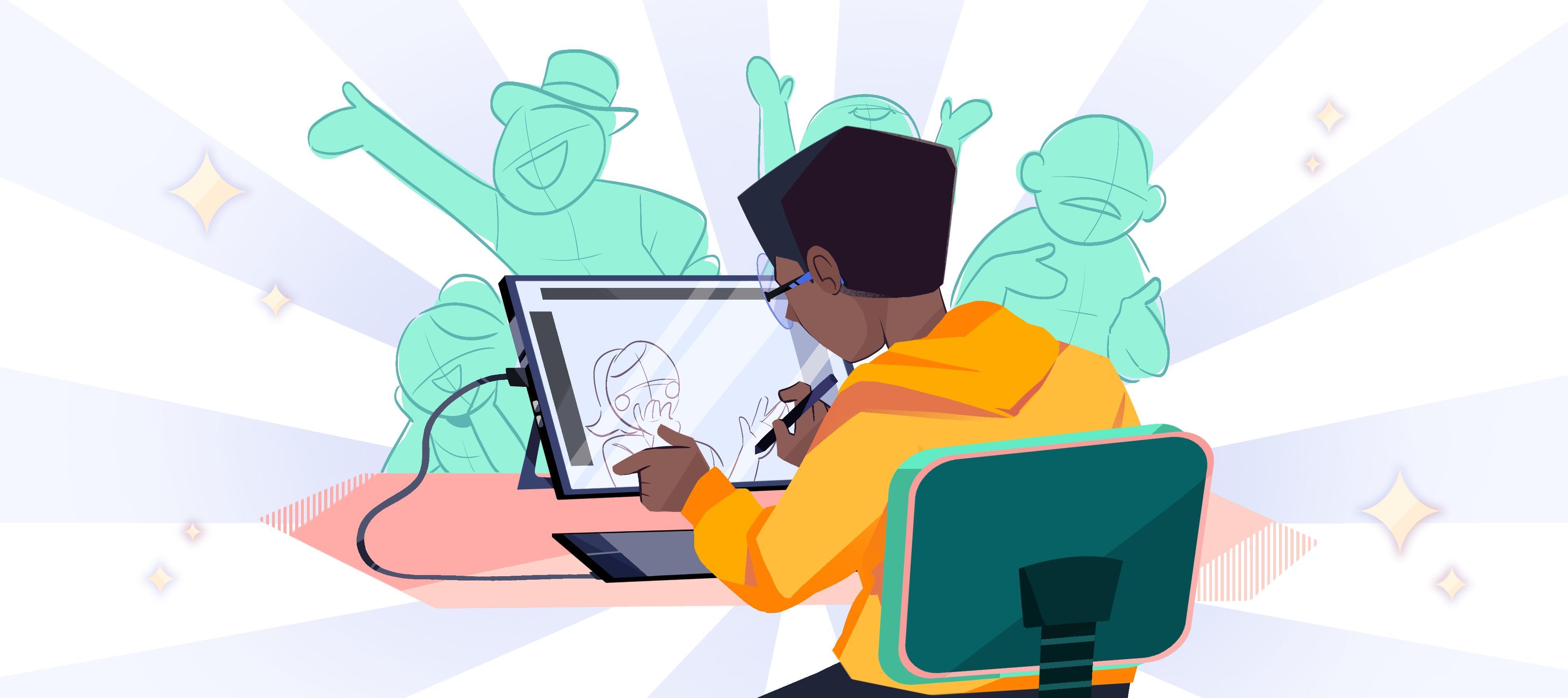 Person in orange hoodie seated at green chair using laptop, surrounded by mint green silhouettes on pale purple background.