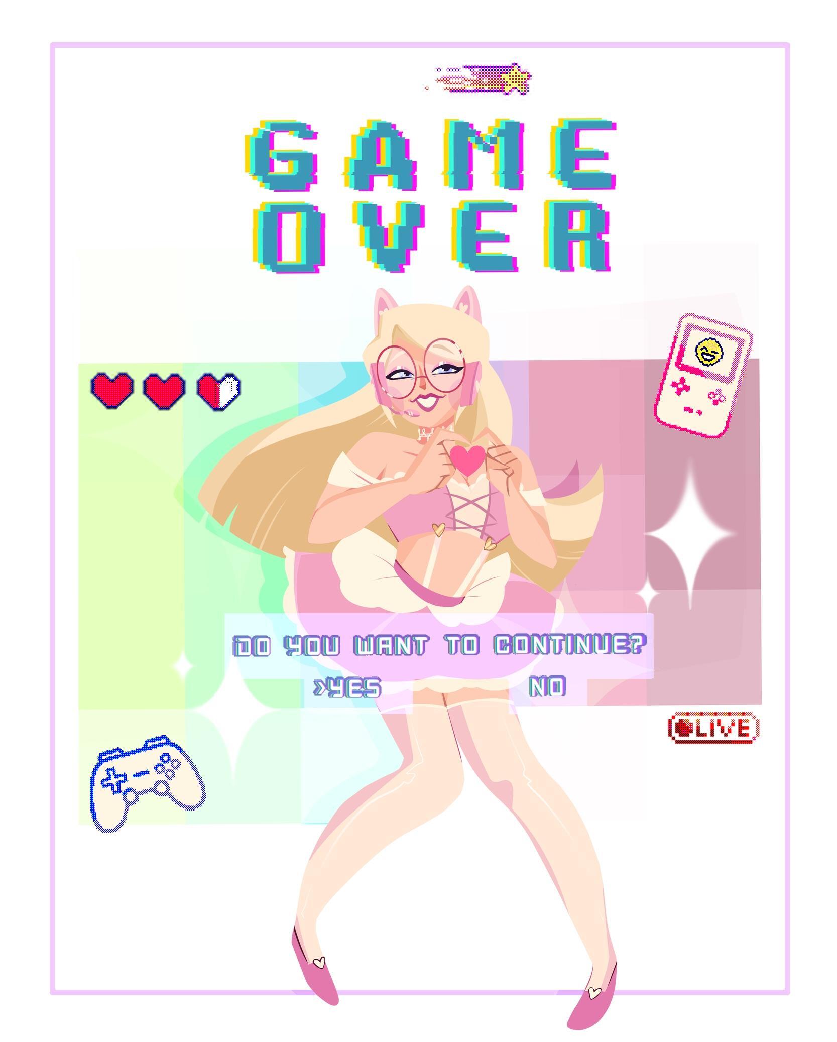 Pixelated "GAME OVER" text above blonde anime character in pink outfit. Hearts, game controller, and handheld device icons scattered around pastel background.