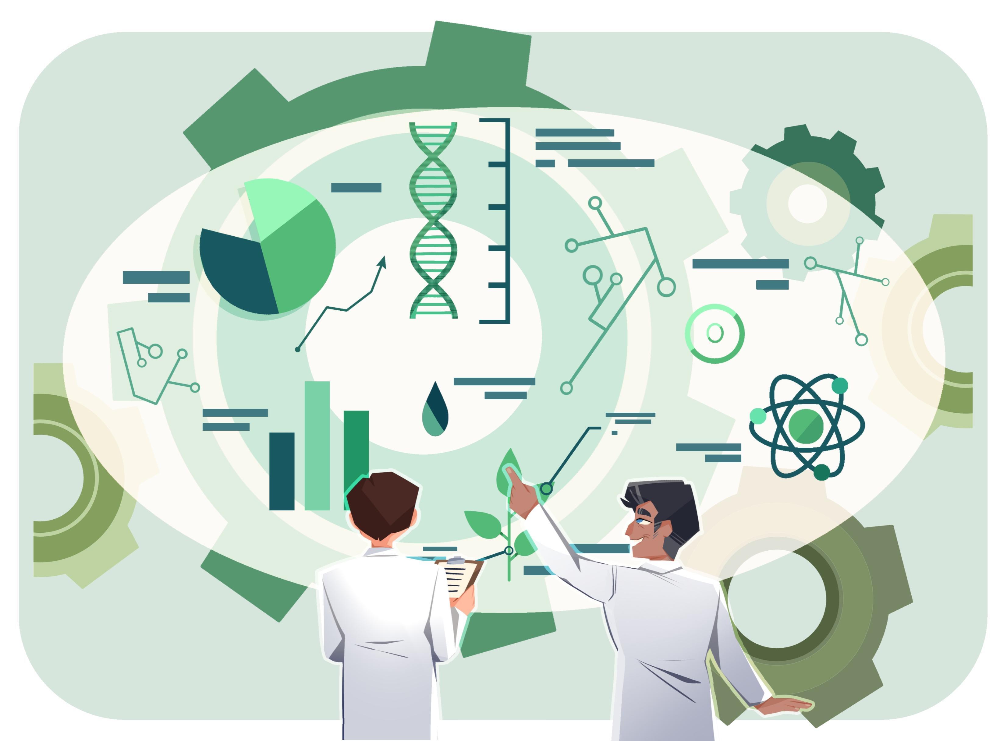 Two figures in white lab coats pointing at large oval containing green DNA helixes, charts, atomic symbols, and molecular diagrams on pale green background.