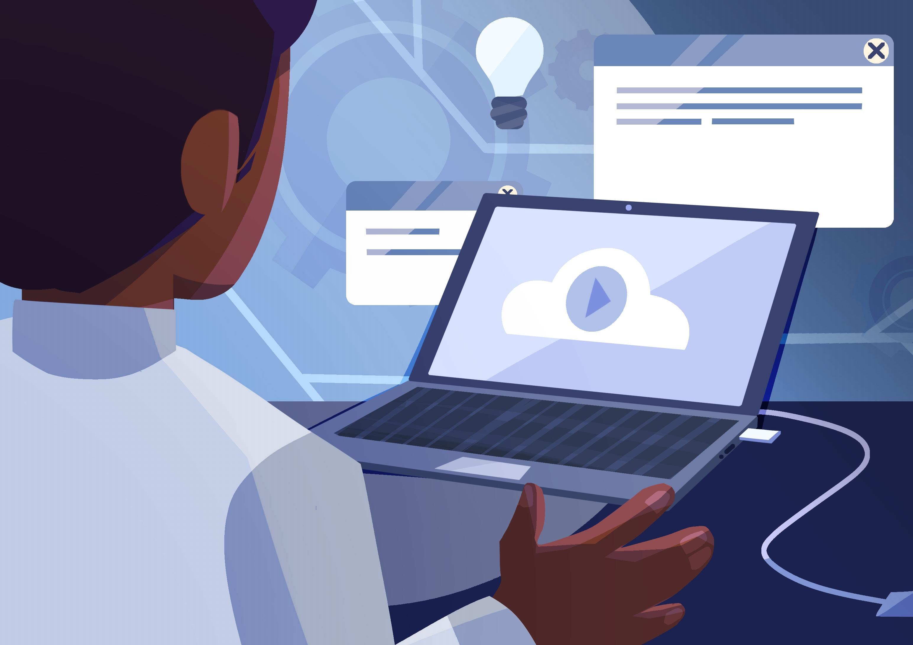 Person with dark hair in white shirt using laptop displaying cloud icon, with lightbulb and text windows floating above in blue-toned illustration.