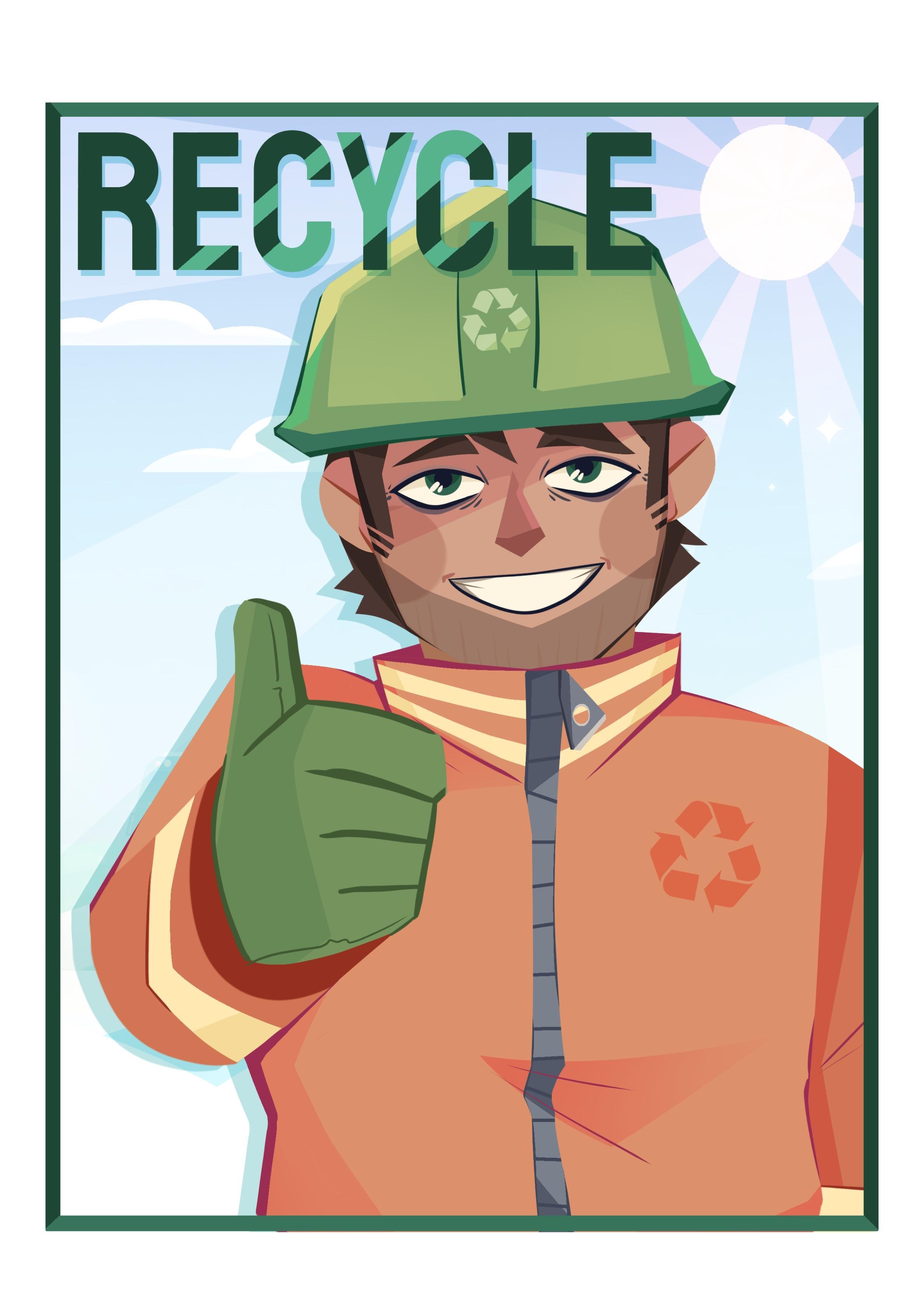 Cartoon figure with green cap giving thumbs up, wearing orange jacket with recycling symbol. "RECYCLE" text at top in green letters.