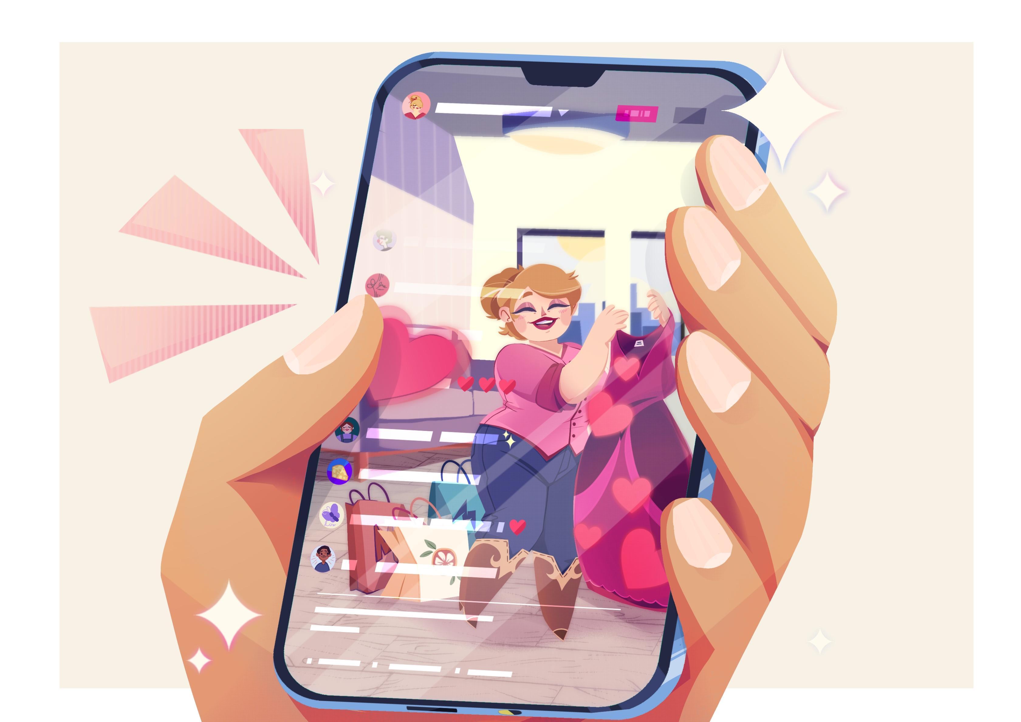 Hands holding smartphone displaying woman in pink top taking selfie with shopping bags. Pink radiating lines in background. Purple phone case.
