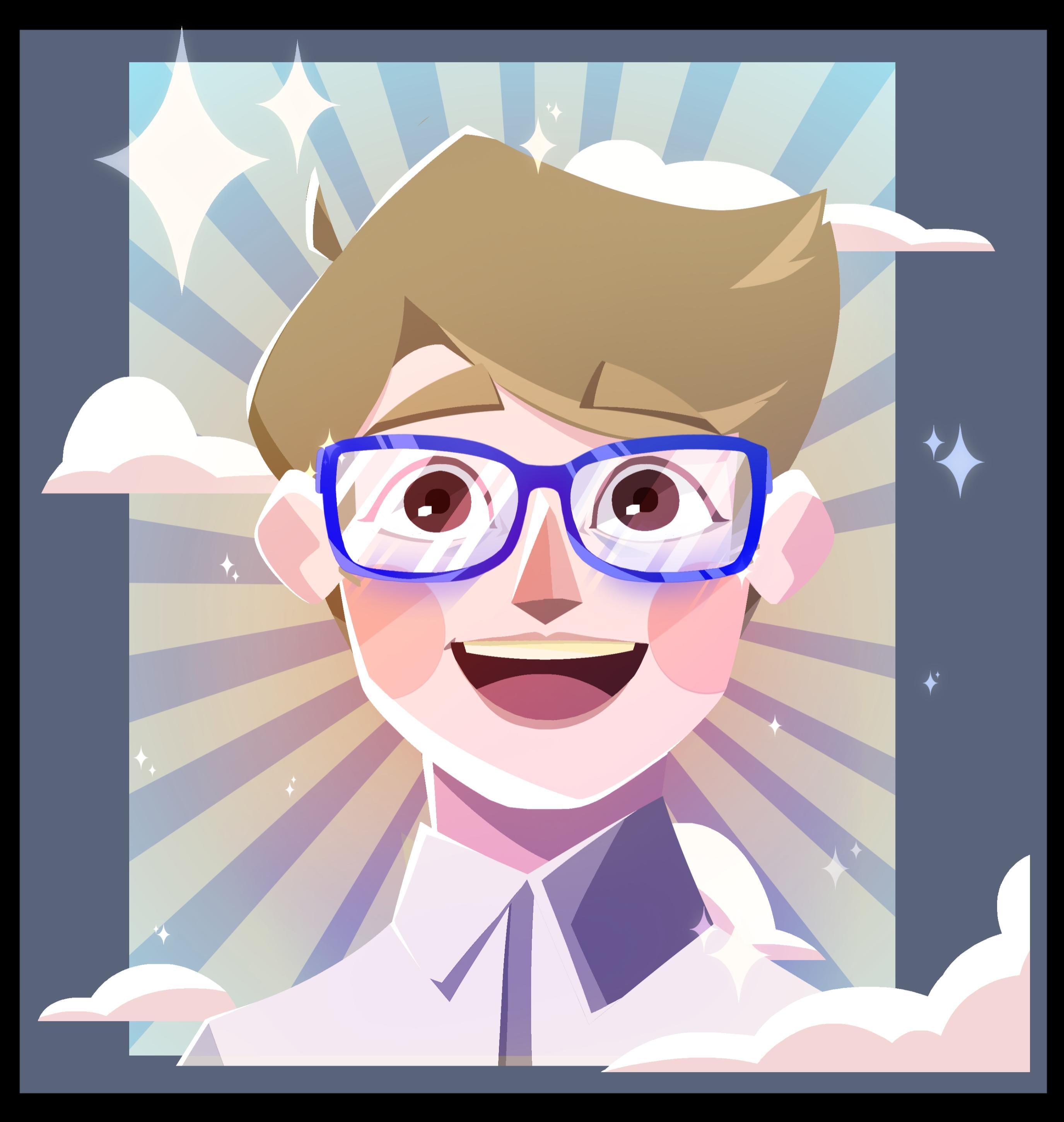Cartoon character with brown hair, blue glasses, and open smile against radiating blue and white striped background with white clouds.