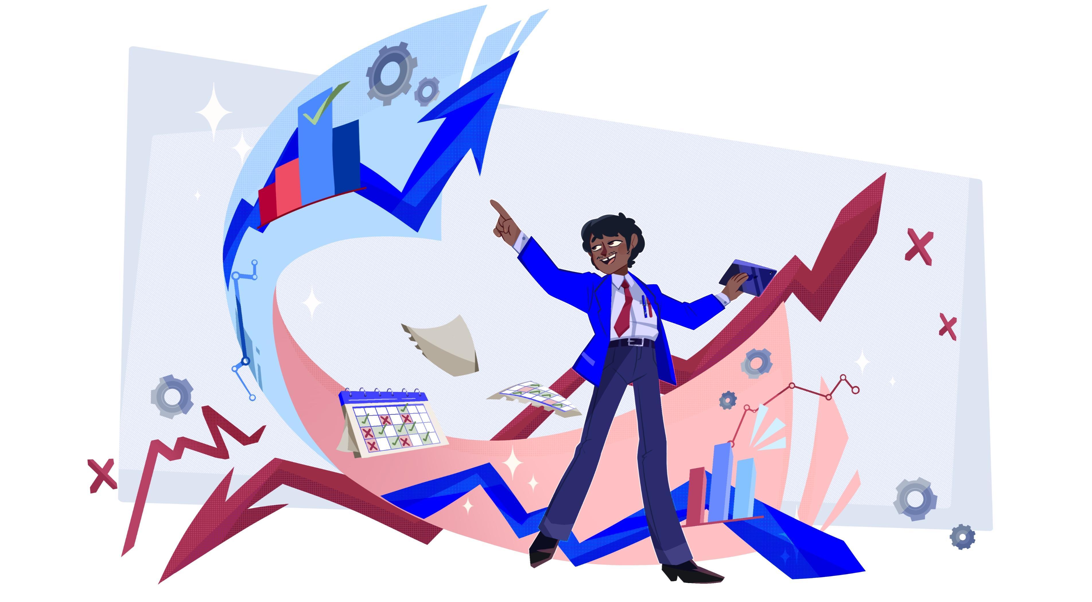 Illustration of dark-skinned businessman in blue suit with red tie standing amongst red and blue arrow shapes, grey laptop, and scattered geometric elements on light background.
