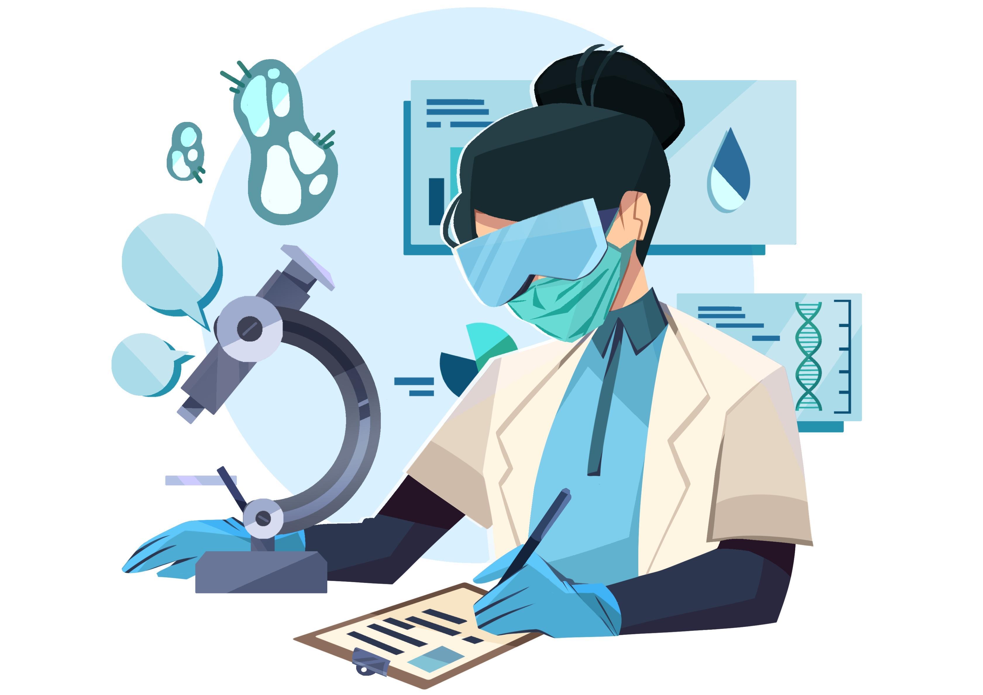 Illustration of scientist in blue mask and white coat at microscope, with teal molecular structures and blue charts in background.