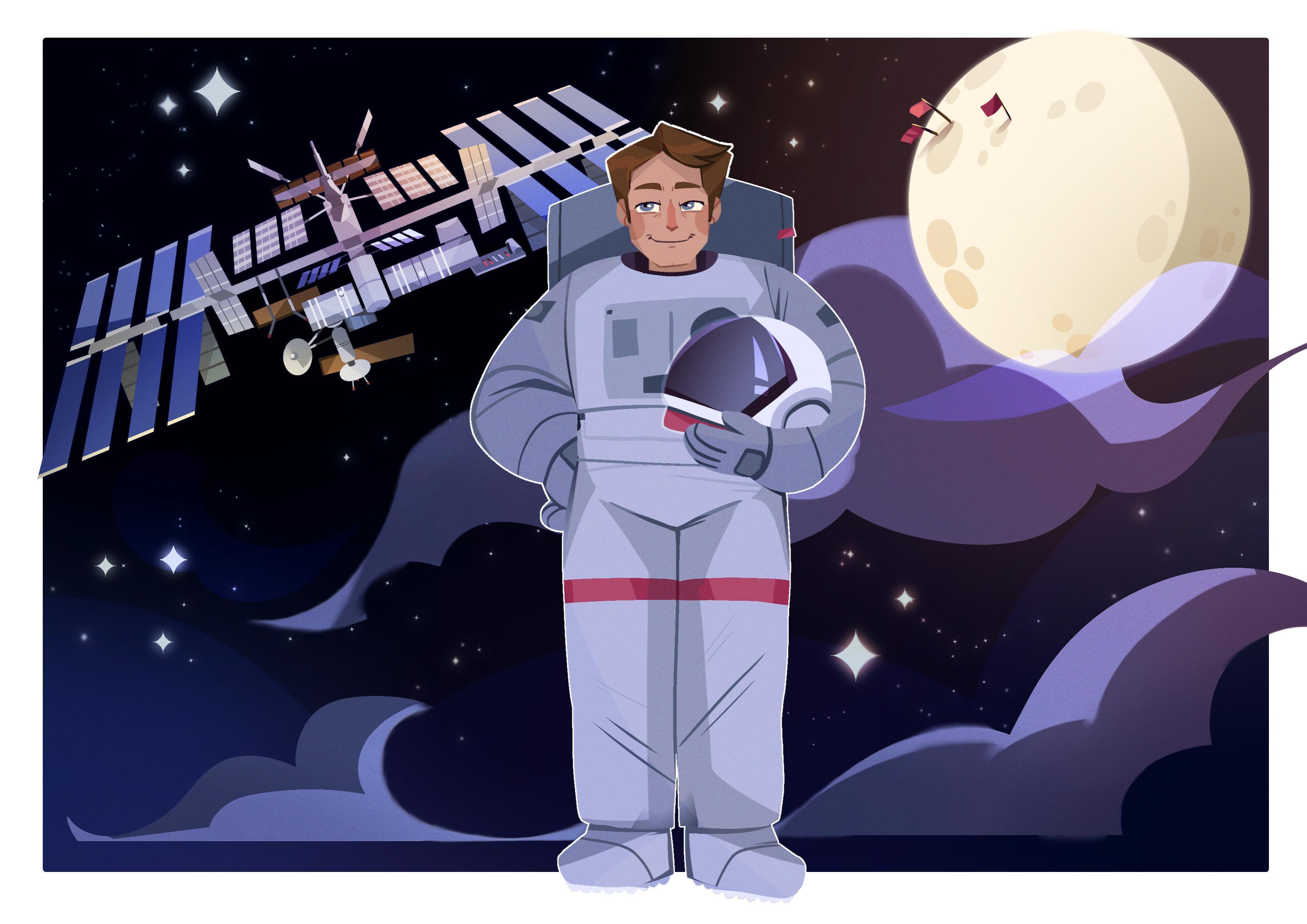 Cartoon astronaut in white spacesuit with red stripes floating in purple space with yellow moon, space station, and white stars.