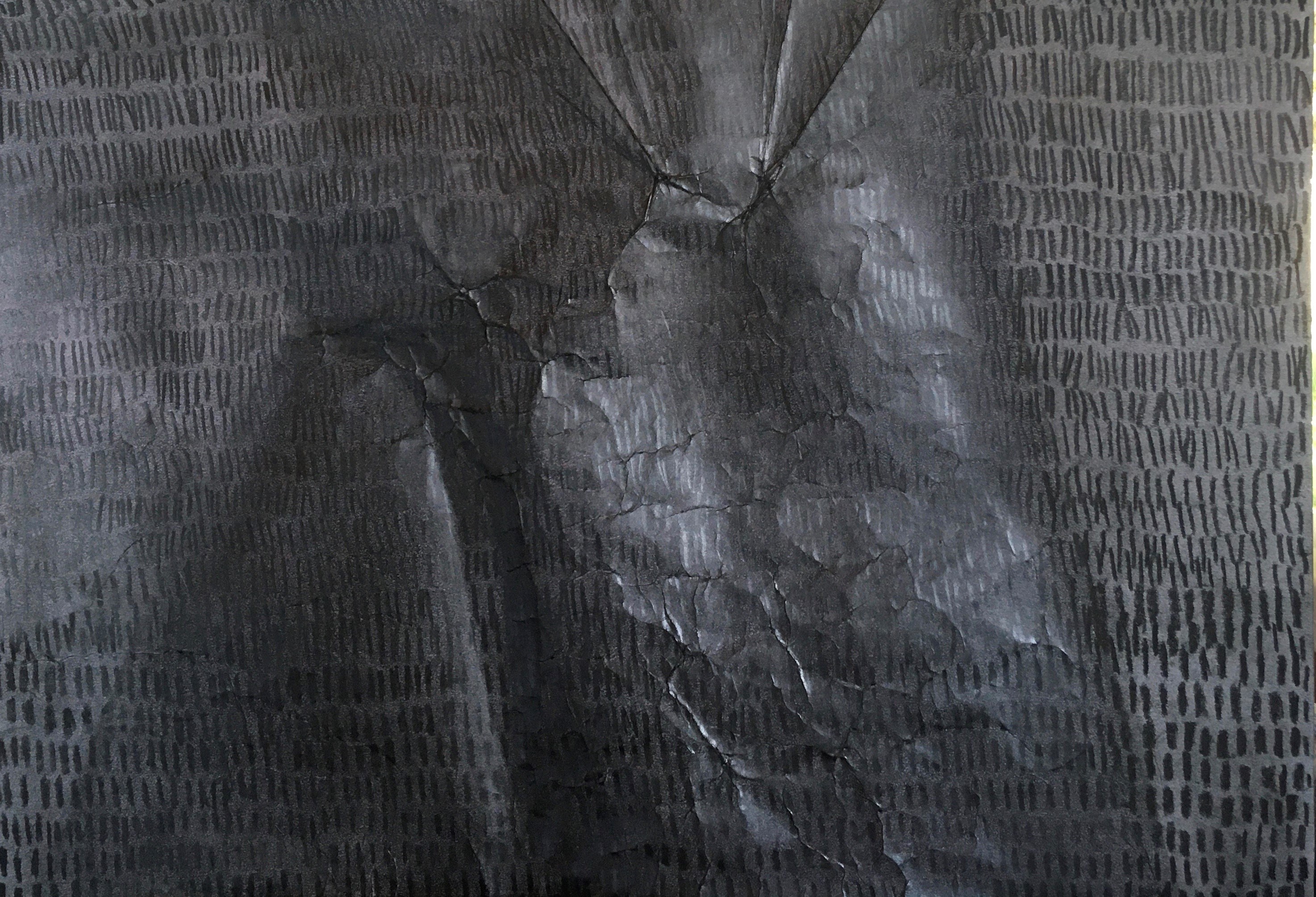 Artwork made up of rows of tally marks with a cracking effect in the middle of the page.