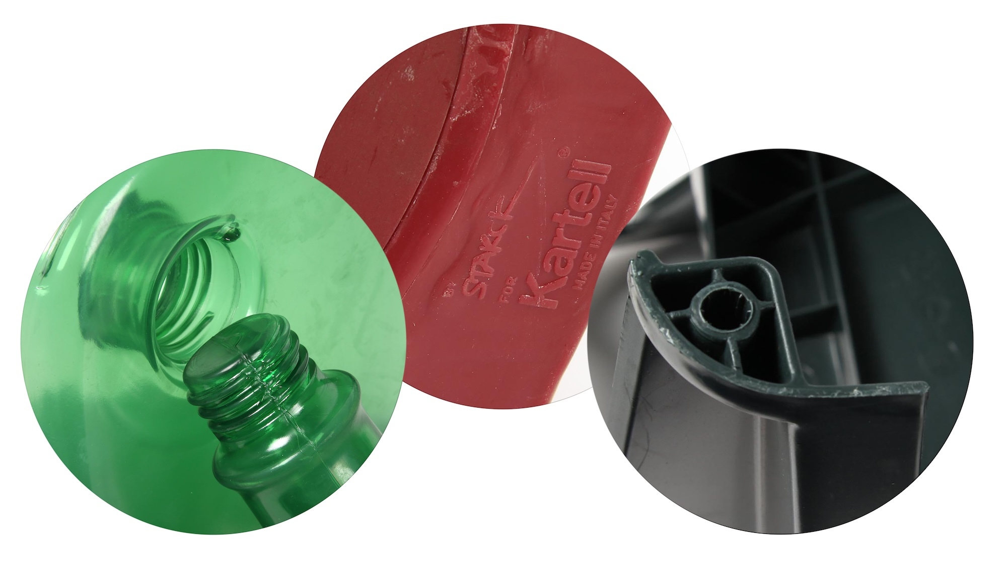 Three circular plastic components: green threaded piece on left, red angular section in centre, black curved part with internal mechanism on right.