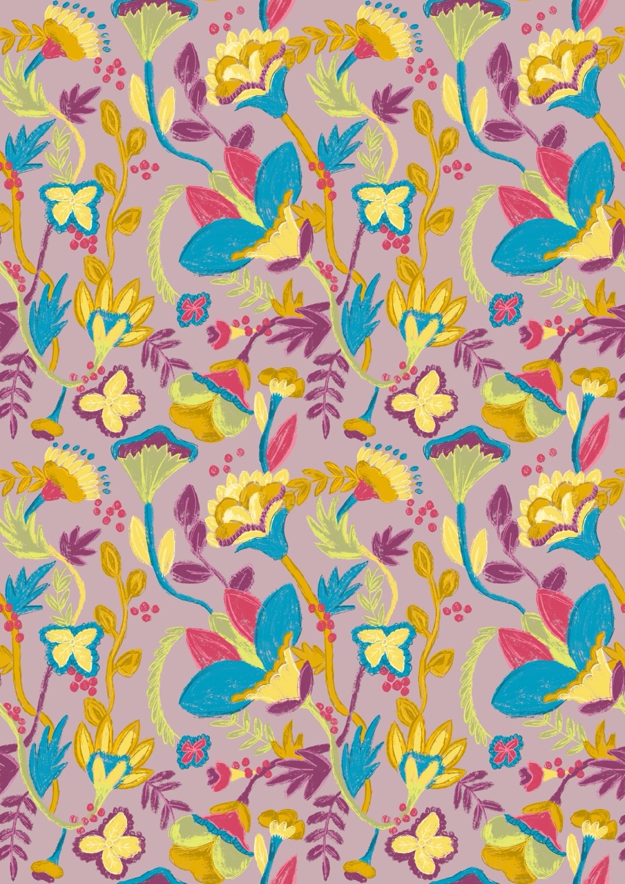 A repeated floral pattern featuring various flowers and leaves in bright colours, including blue, yellow, pink, and green, set against a soft lavender background. The design is whimsical and vibrant, showcasing a variety of shapes and sizes.