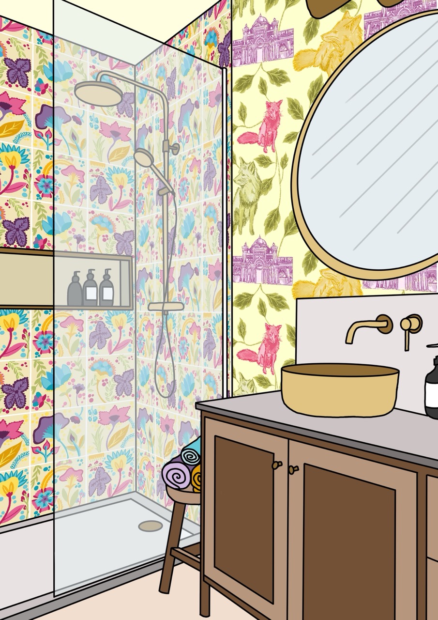 A modern bathroom featuring a glass shower with colourful floral wallpaper. A round mirror hangs above a wooden vanity with a round sink, alongside a bottle and towels neatly arranged on a stool. Natural light illuminates the space.