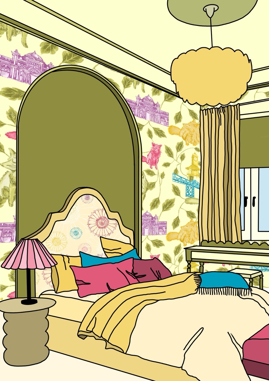 A stylised bedroom featuring a green bed with multi-coloured cushions, a bedside lamp, and a decorative wall with floral patterns. There is a window with light curtains and a small table beside the bed, adding to the overall design.