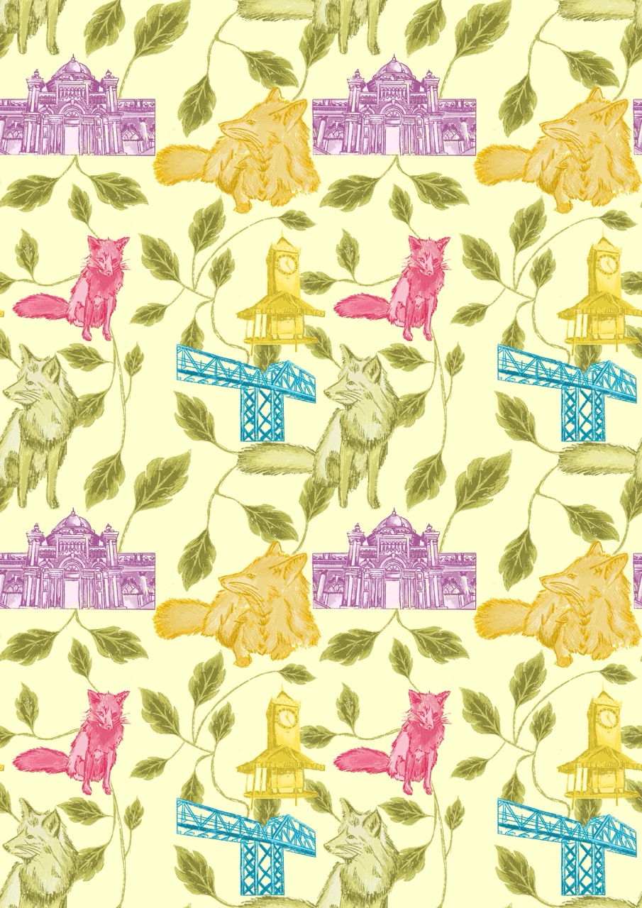 A repeating pattern featuring stylised illustrations of foxes, a clock tower, and leaves on a pale yellow background. The foxes are depicted in pink and yellow, and the clock tower is in blue, while elements of iconic buildings are drawn in purple.