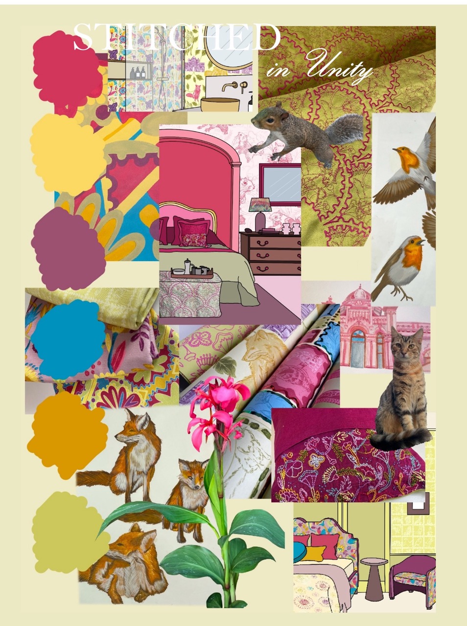 A collage featuring various elements including patterned fabric swatches, illustrations of a bed and birds, and images of flowers and animals. The title 'Stitched in Unity' is displayed at the top. The background is a cream colour with colourful accents throughout.
