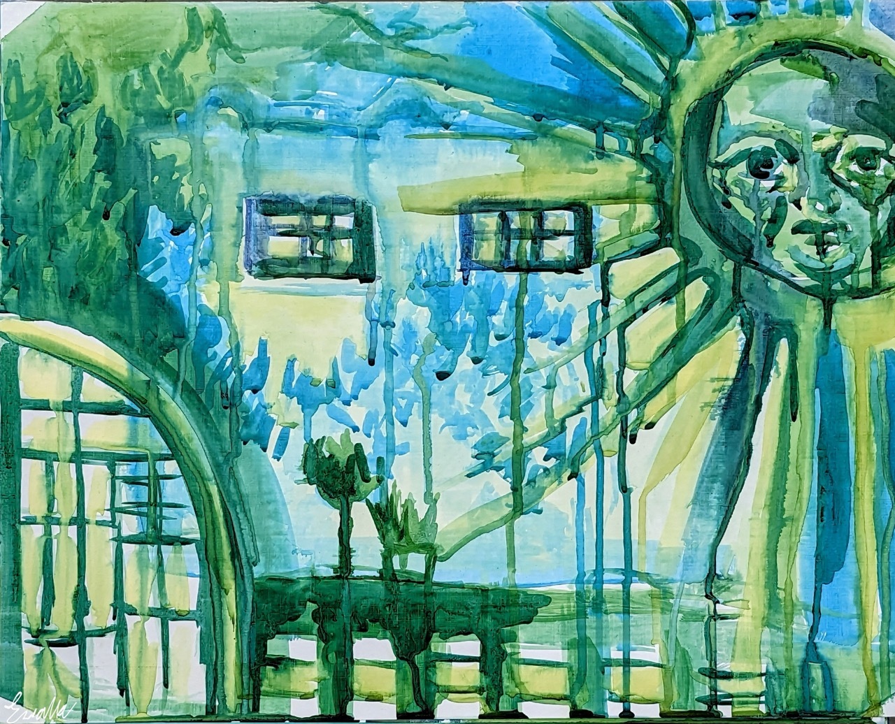 Abstract green illustration, sun, house, flowers.