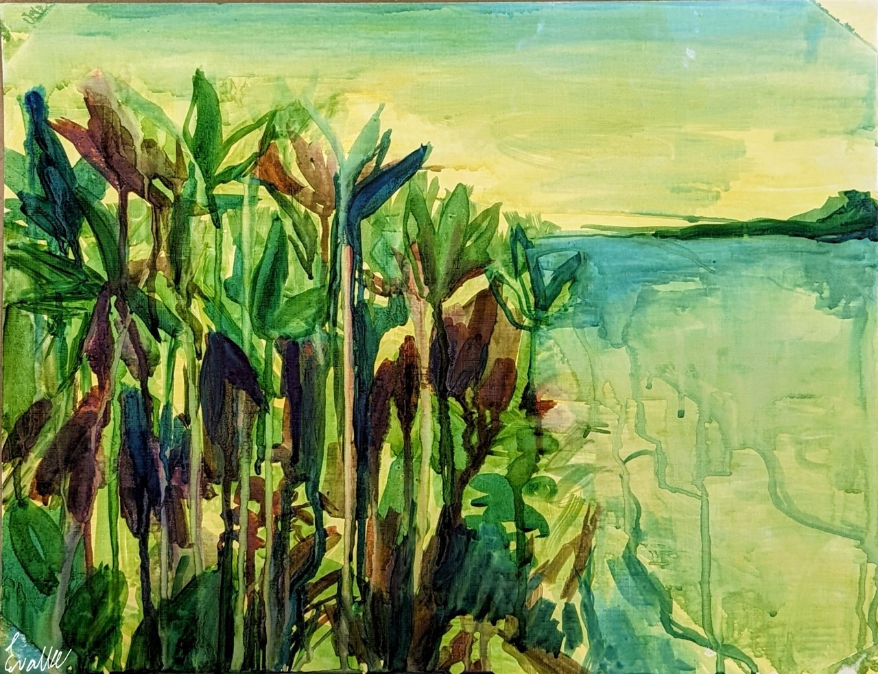 Painting of reeds by a river, green.
