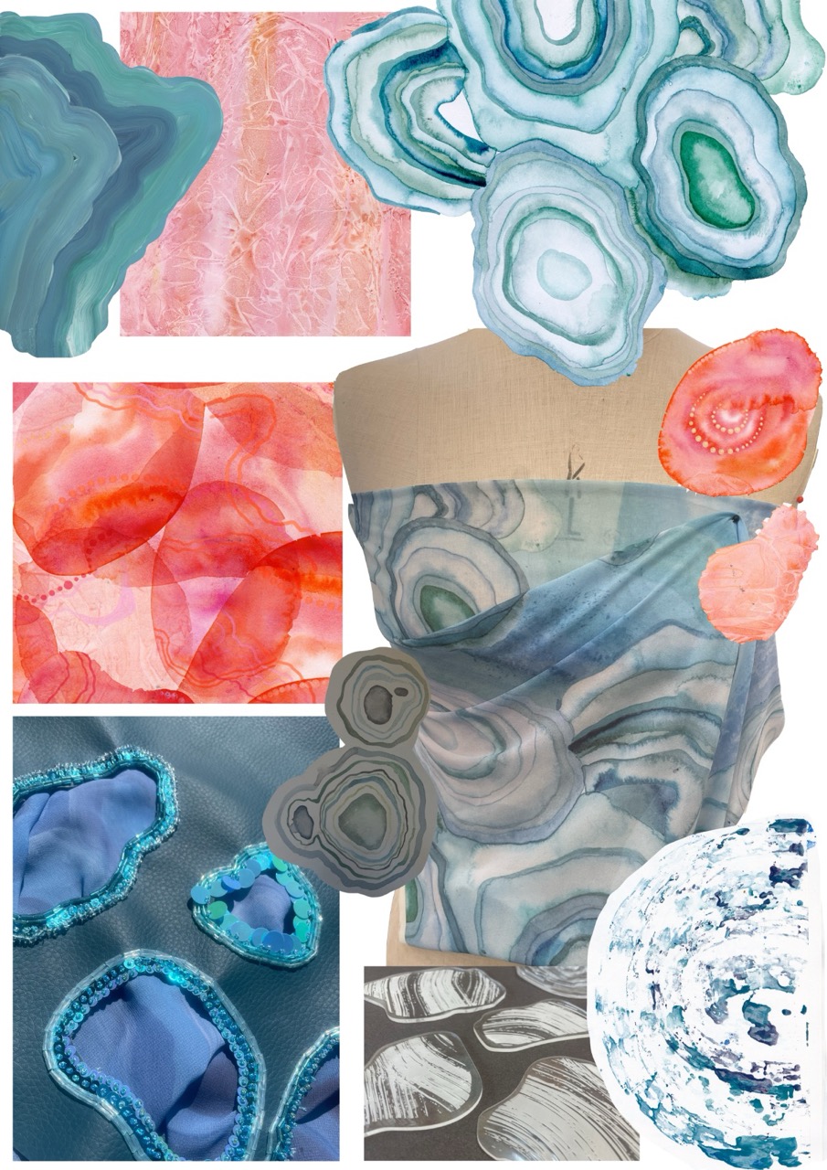 A collage featuring various abstract designs with a predominant focus on agate patterns in shades of blue, green, and pink. Textiles and gradients are included, forming a variety of shapes and textures, displayed on a dress form and other backgrounds.