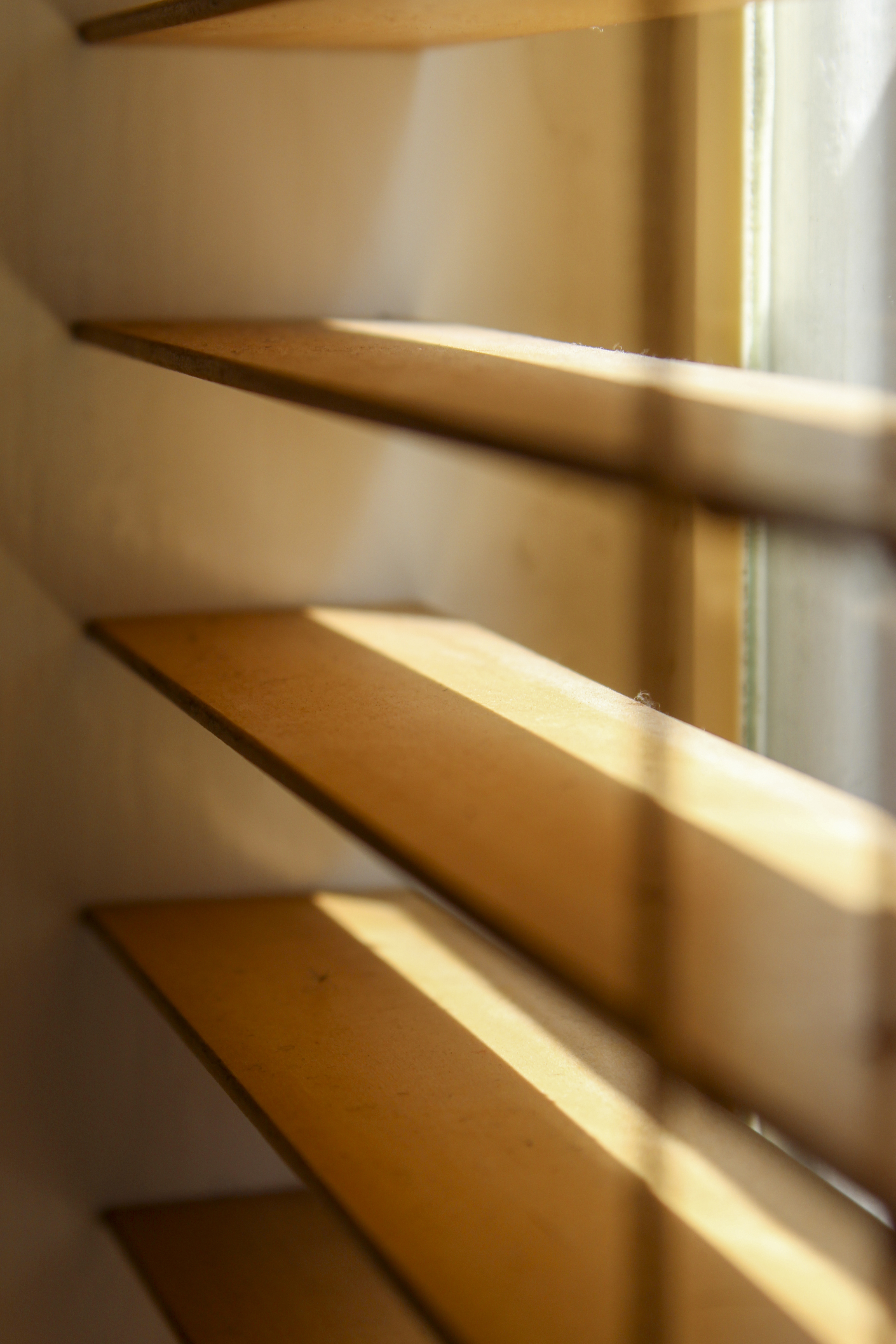 Close-up of some blinds at a window with sunlight shining through.