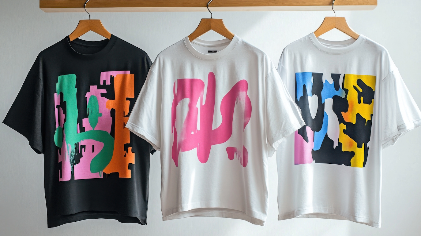 A rail with three T-shirts on hangers. Each T-shirt has a colourful abstract design on it.