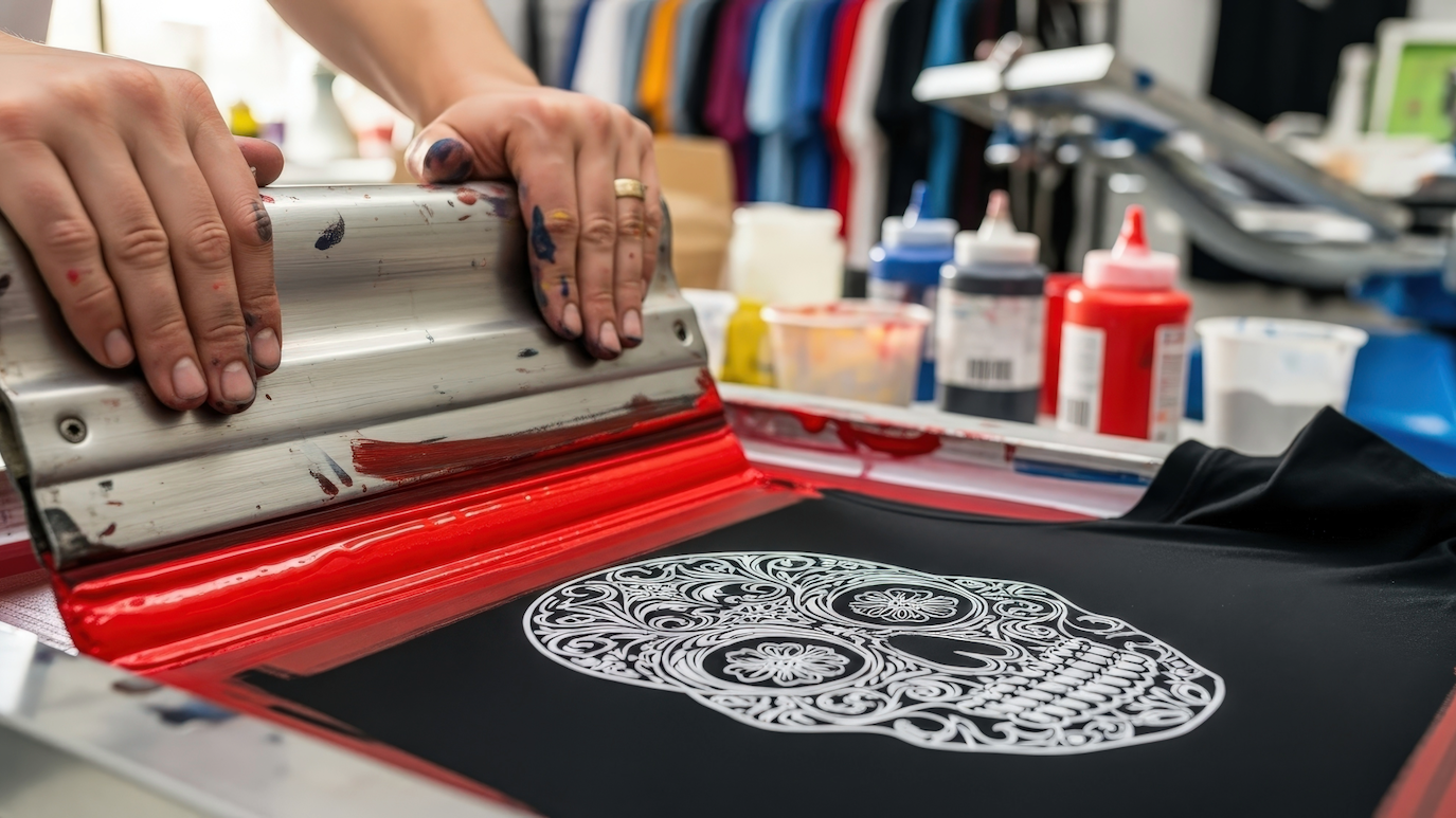 Close-up of a person's hands using screen print equipment on a black T-shirt with a white candy skull design.