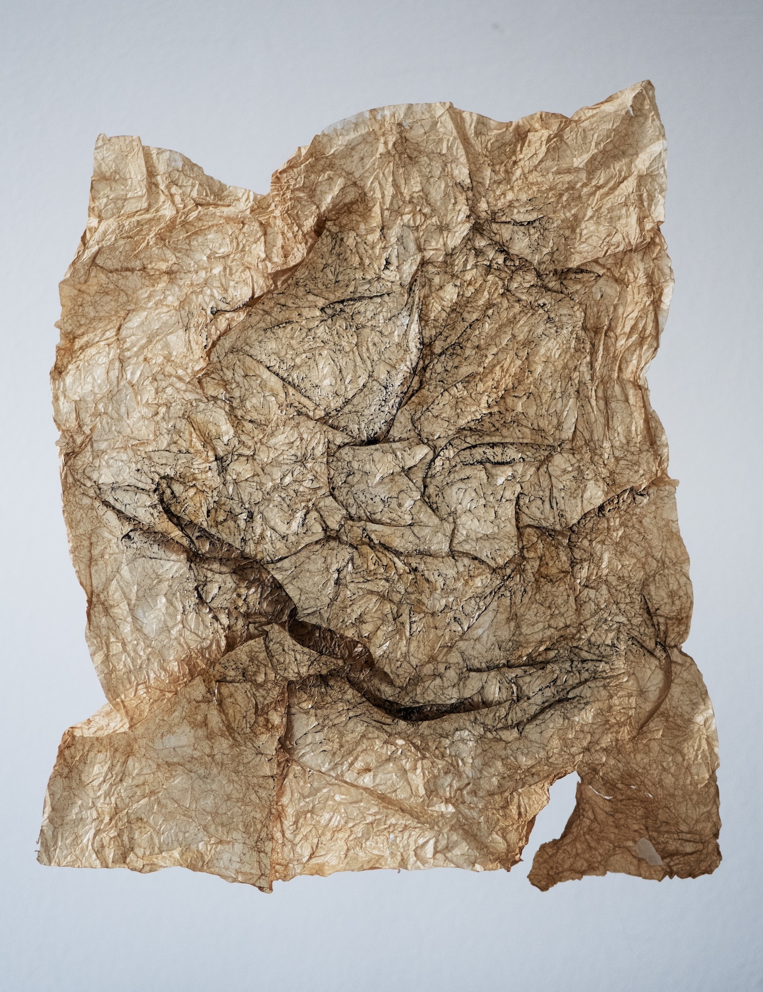 A square piece of brown paper, wrinkled, creased and torn in places, with some of the creases coloured in black.