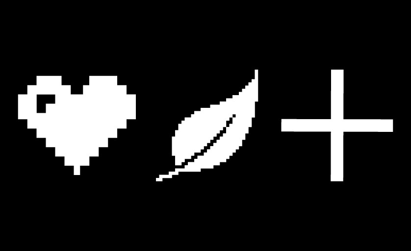 Black background with white 8-bit heart, leaf and plus icon