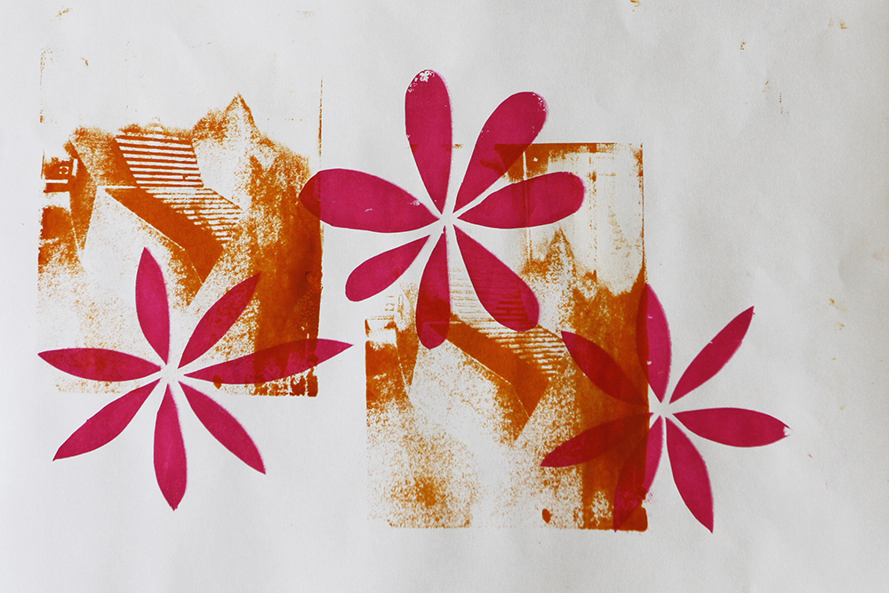Bright pink eight-petaled flowers overlaid on orange and red paint strokes against white background with textured brushwork.
