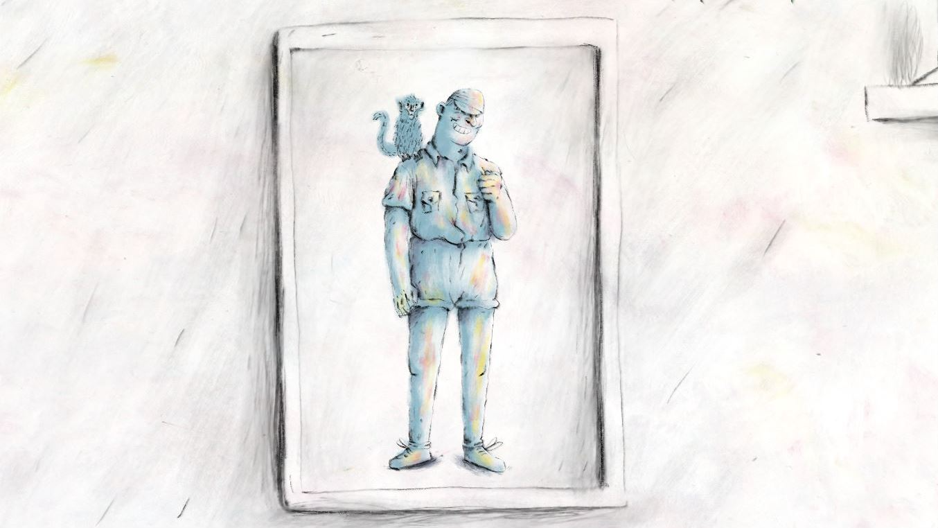Illustration of a picture of a man with a mean expression on their face and a monkey on their shoulder. The picture is in a frame.