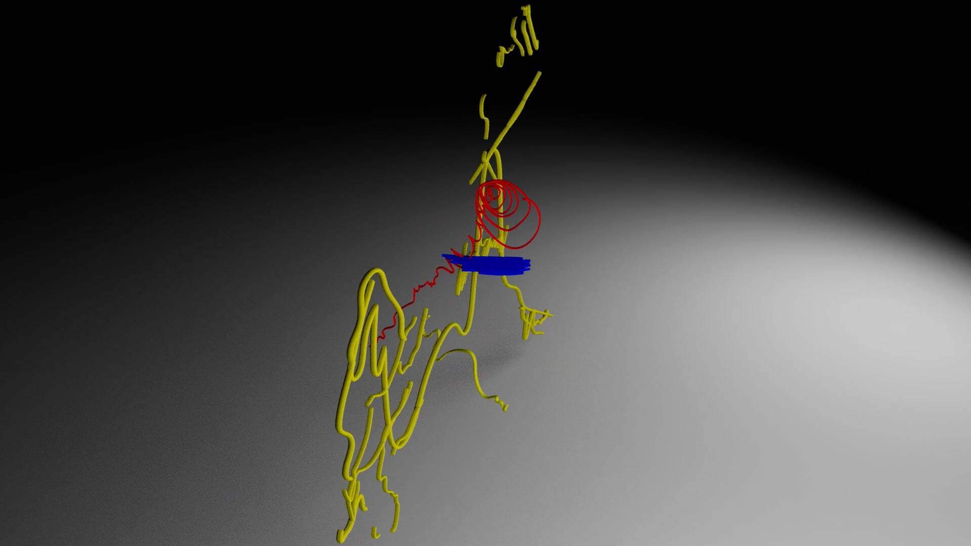 Yellow stick figure with red torso section and blue horizontal line across middle, positioned on white circular spotlight against black background.