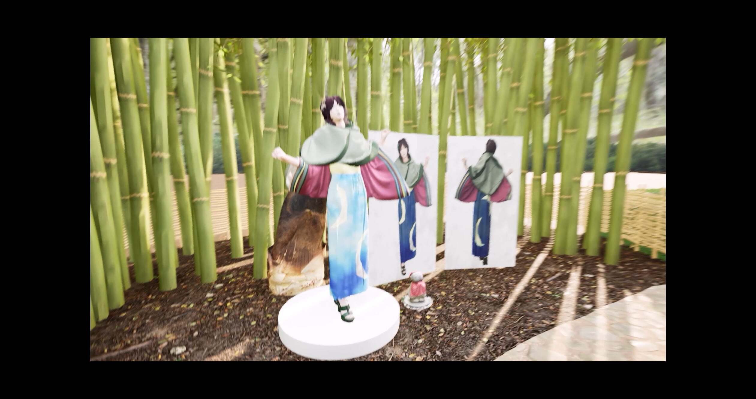Immersive digital showroom made in Twinmotion showing all the outfits in six individual spaces, each inspired by the outfit that is inside them. The showroom takes form as a curved garden featuring plenty of plants, houses, and a Japanese shrine.