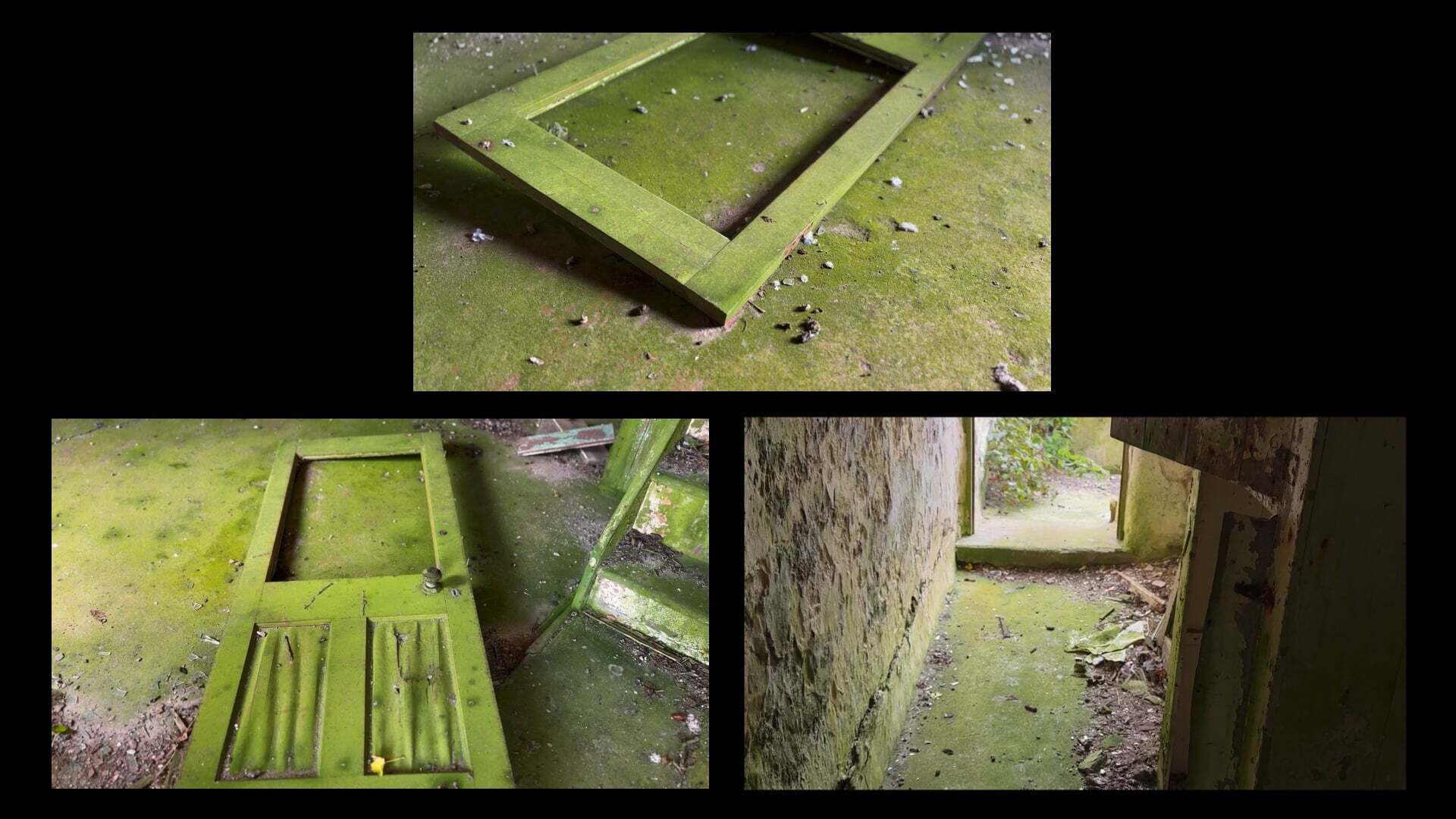 Three images showing deteriorated green painted wooden structures and surfaces with peeling paint, debris, and weathered textures.