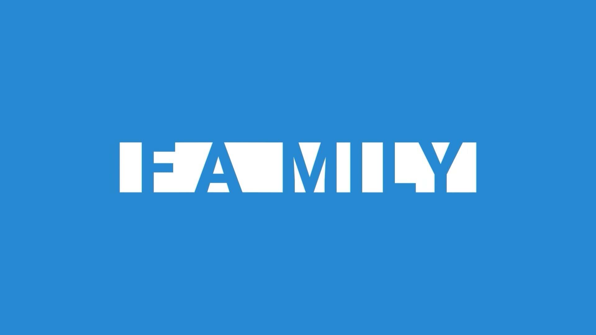 White text spelling "FAMILY" on blue background, with letters partially cut off by white rectangular shapes creating negative space.