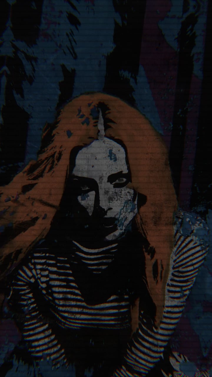 Dark image of a woman with orange hair, striped shirt and blue background, paint-style.