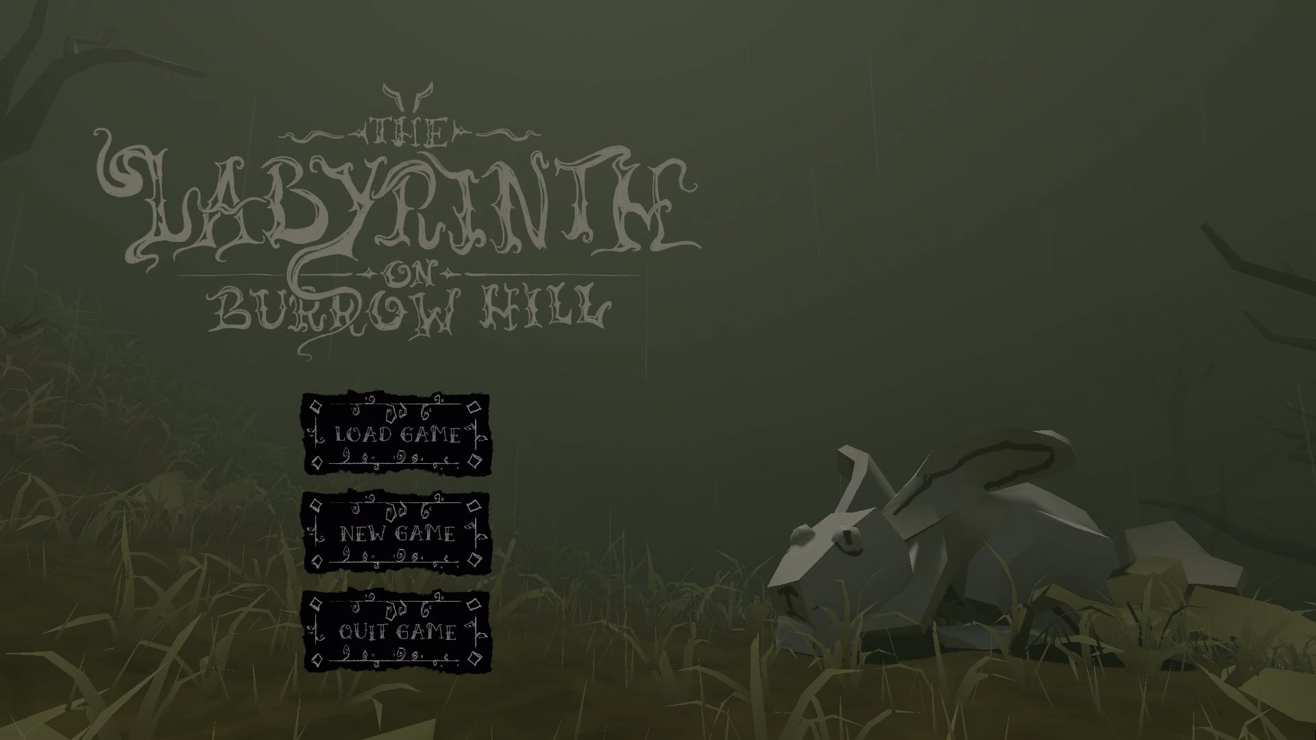 The title screen for The Labyrinth of Burrow Hill shows a goat standing in grass beside a rustic menu with load game, new game and quit game options.
