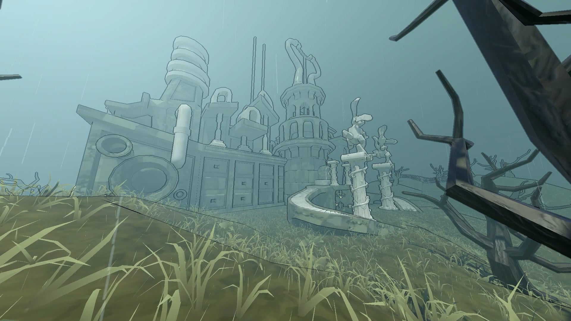 A foggy industrial complex with pipes, towers and large tanks stands behind overgrown grass and dead tree branches.