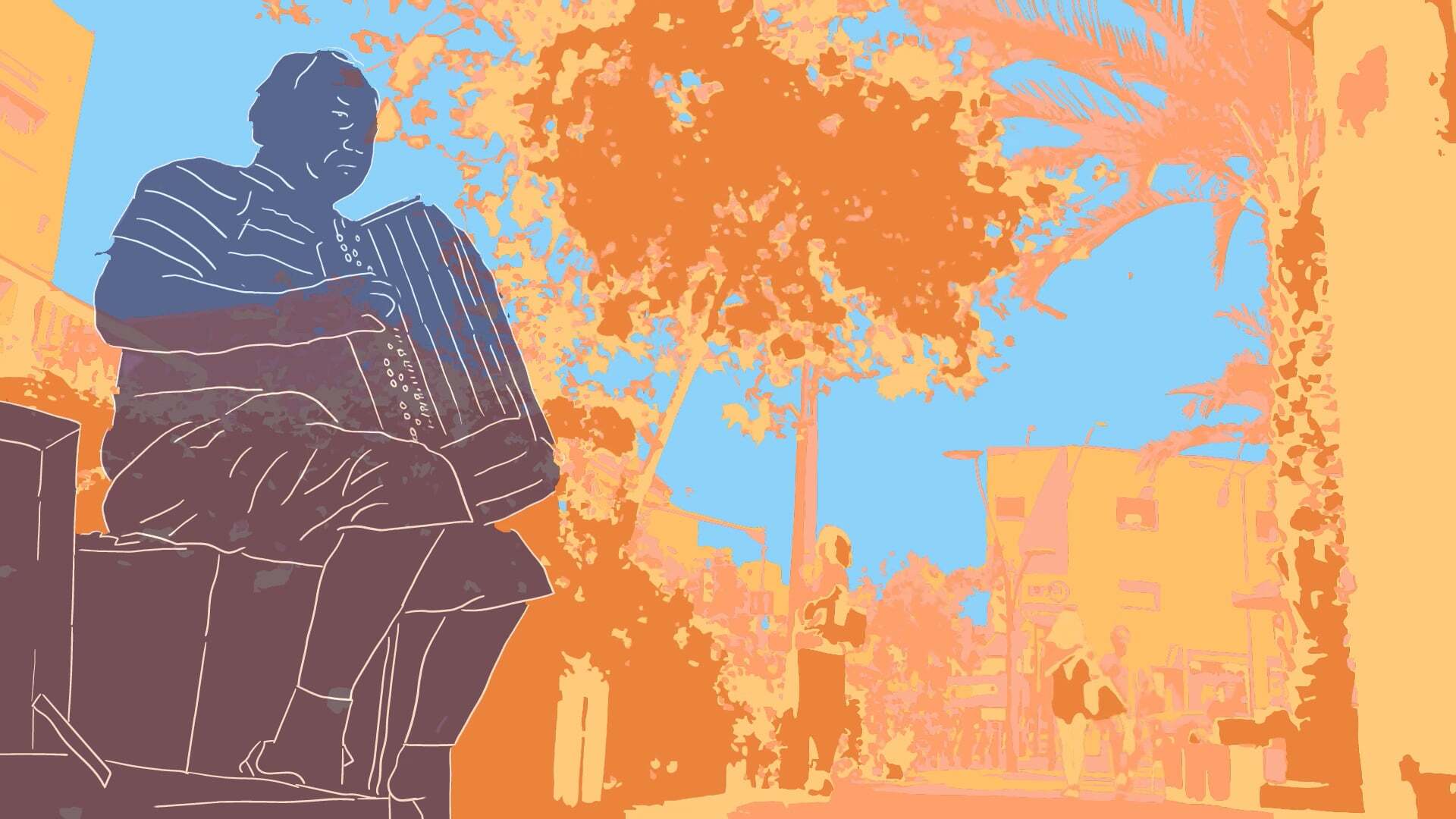 Illustration with dark blue silhouette of seated figure playing accordion on left, orange and yellow trees against light blue sky background.