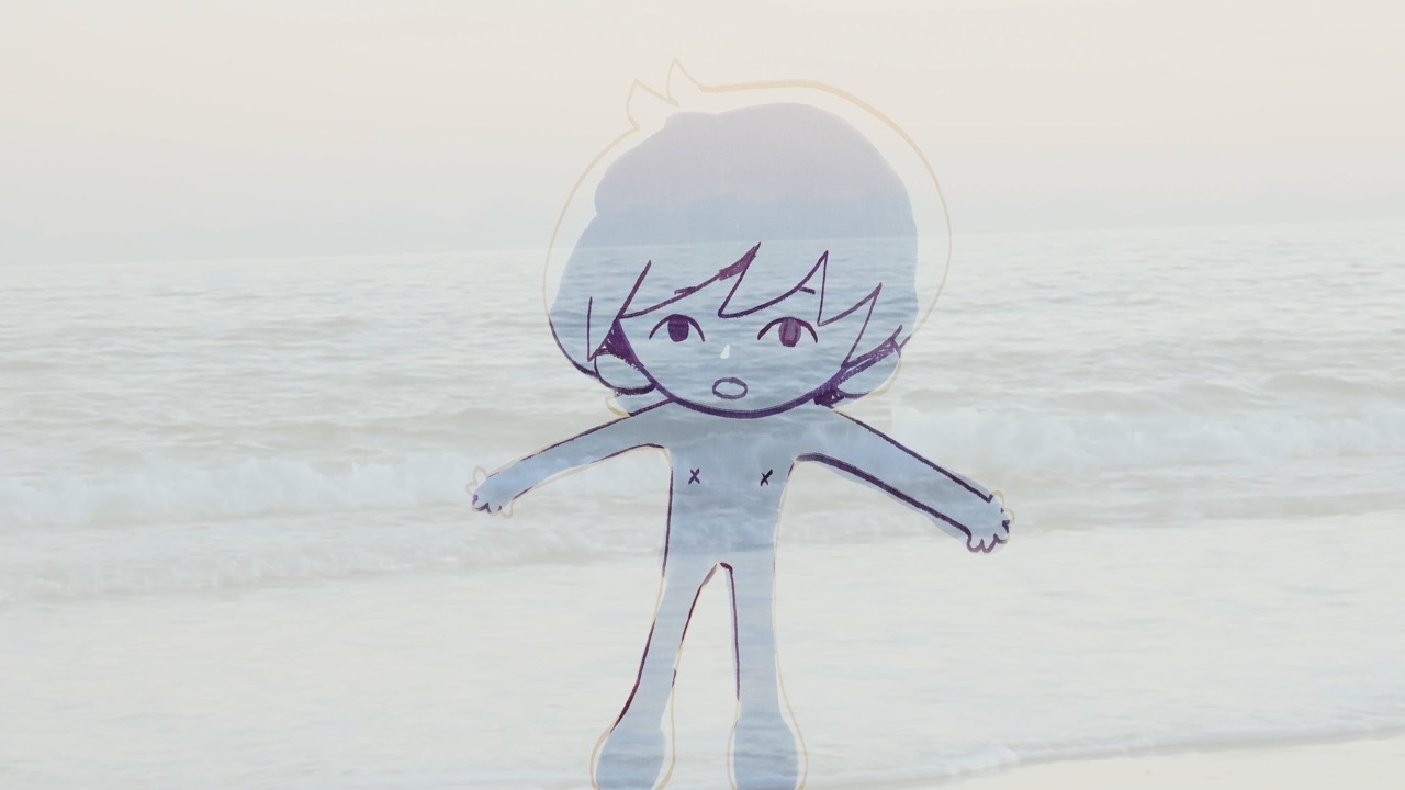 Cartoon character with grey hair and pale blue skin, arms outstretched, against soft pastel background with circular light shape.